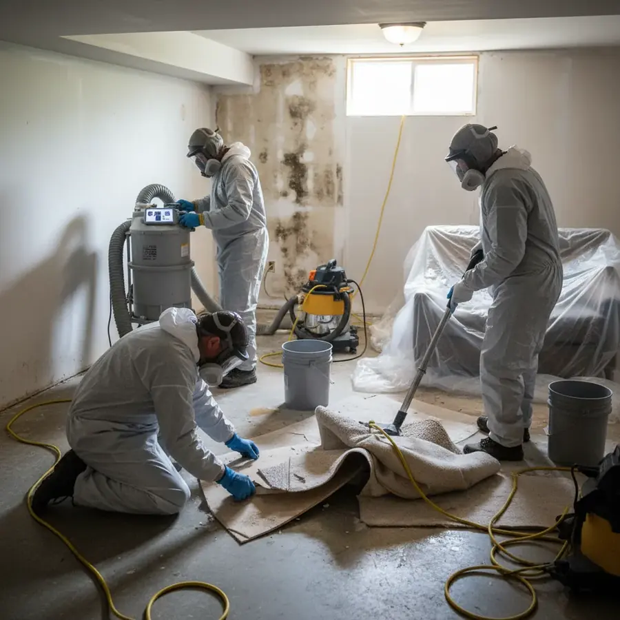 A restoration technician drying an older Pasadena home after water damage