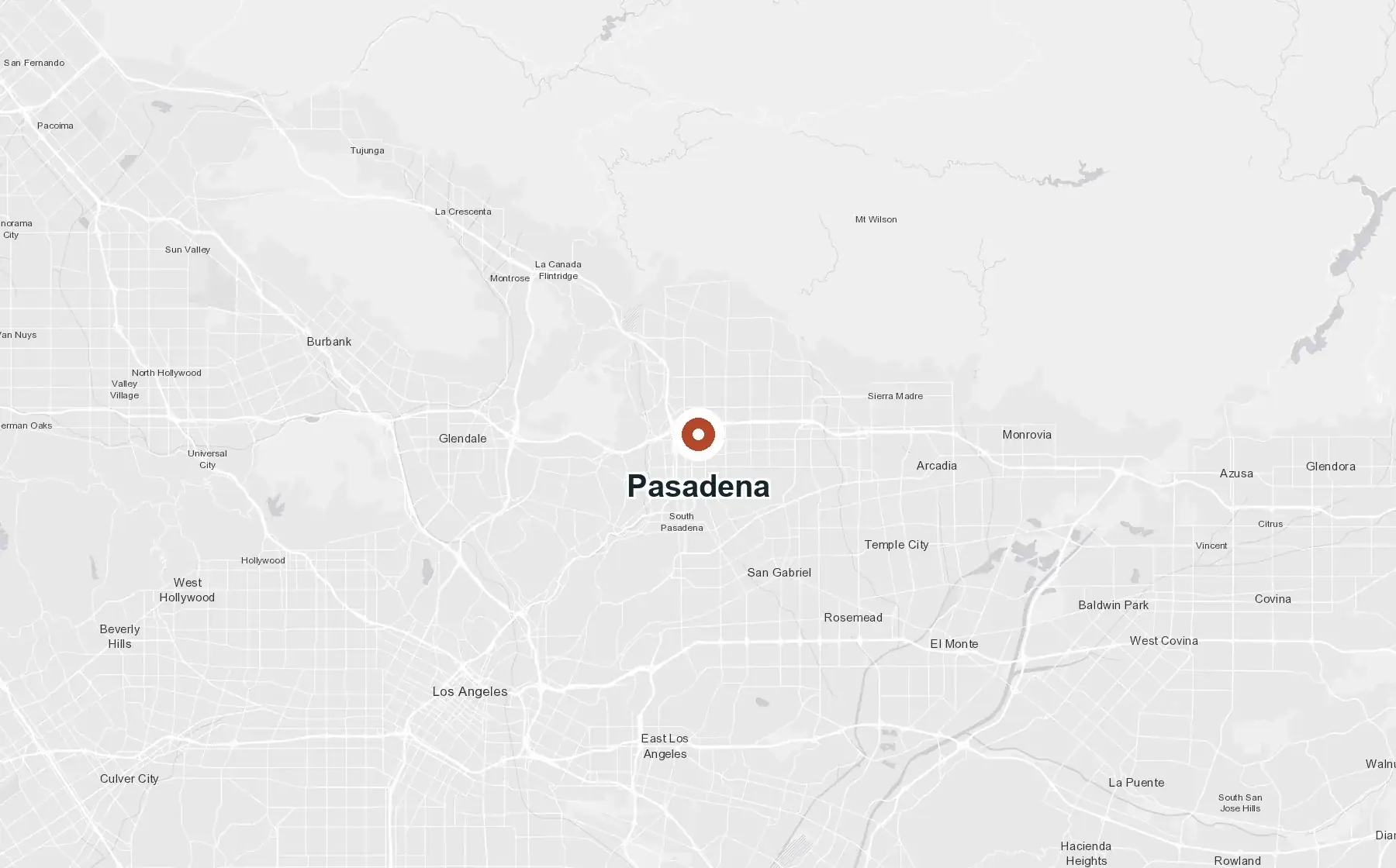 Map of the Pasadena and west San Gabriel Valley service area centered on SOS Restoration at 65 N Raymond Ave