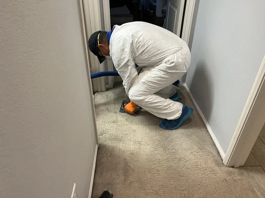 Air movers drying a Pasadena hallway