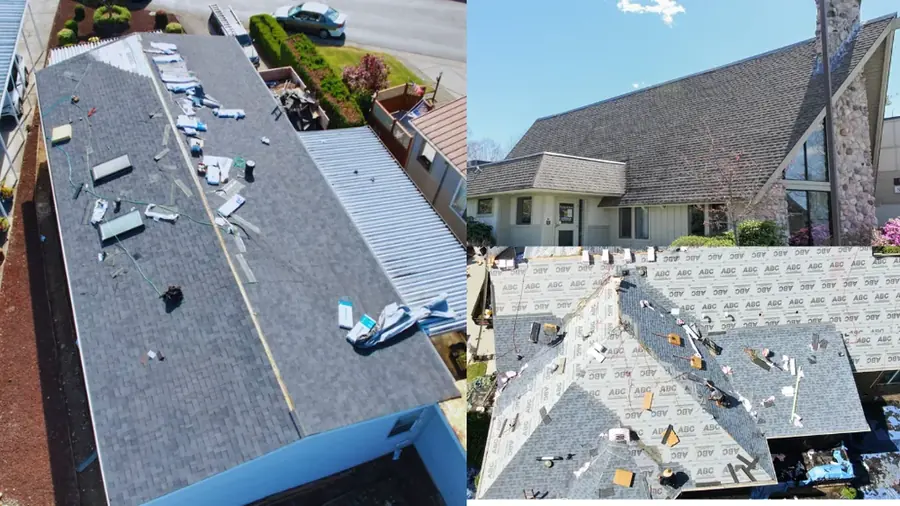 Aging roof exposed and repaired after storm damage on a Pasadena home